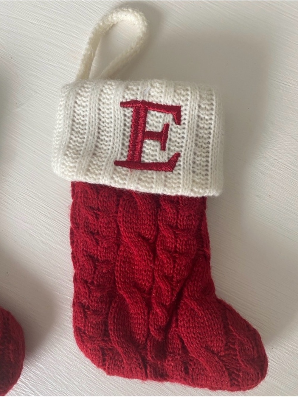 Red "E" Monogrammed Knit Cable Stocking 7"